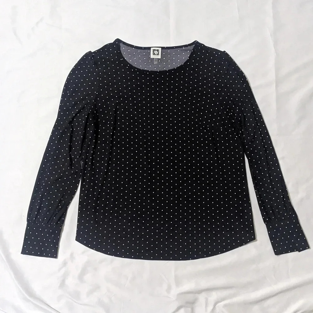 Anne Klein Long Sleeve Polka Dot Blouse, Color Black/White, Size M